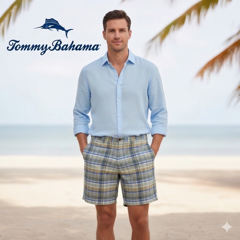 Tommy Bahama Men Blue Brown Plaid Linen Blend Casual Golf Summer Beach‎ Sz 42